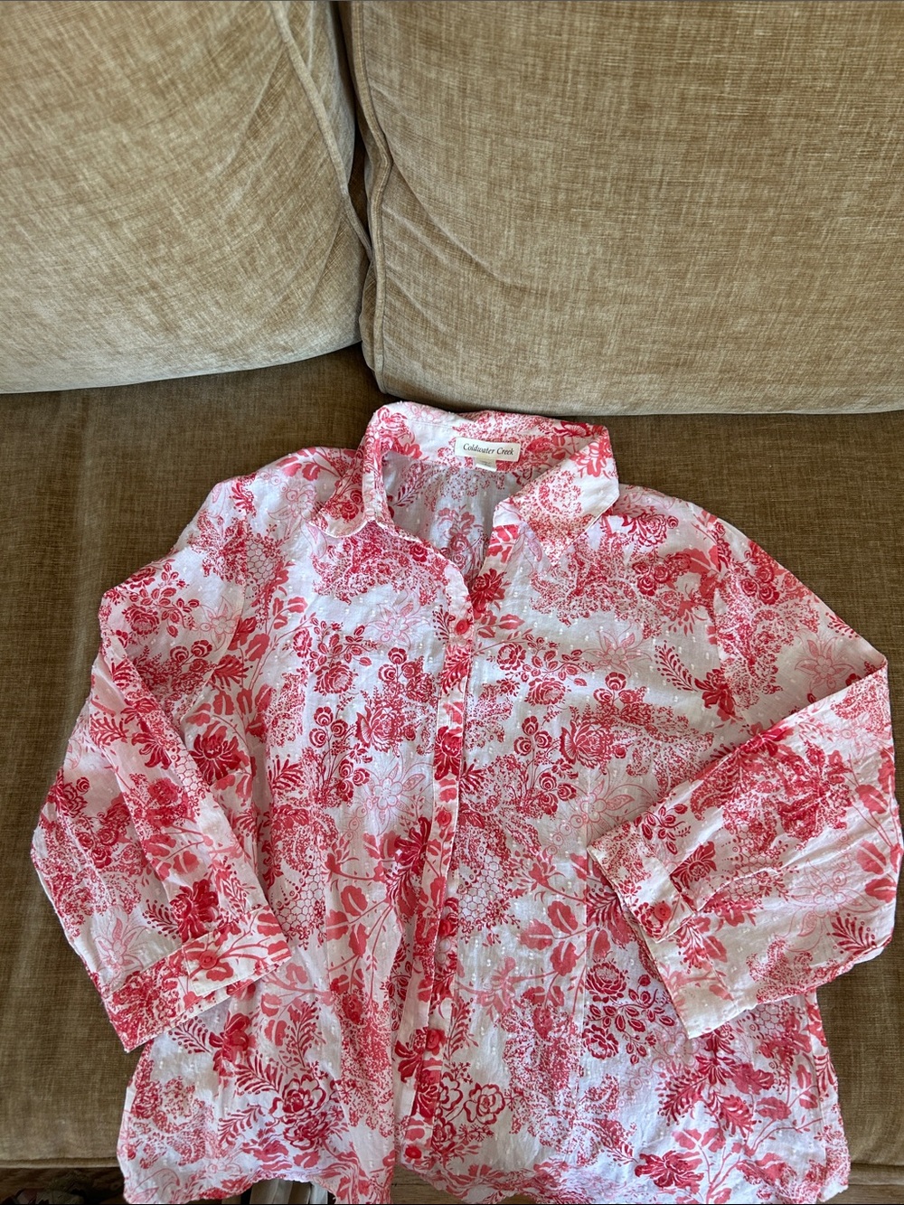 Coldwater Creek Co. Red and White Floral Button-Down Shirt large